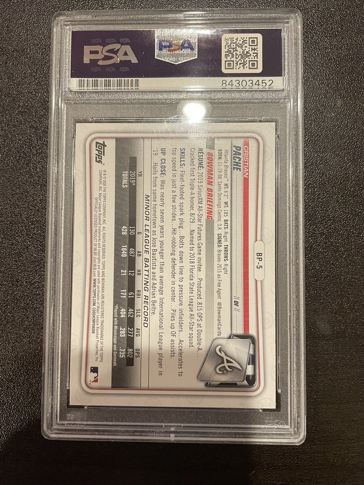 Cristian Pache Atlanta Braves 2020 Bowman BP-5 Auto PSA 10