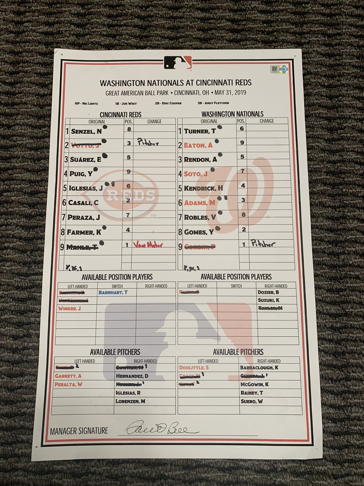 Cincinnati Reds Washington Nationals Lineup Card May 31, 2019 Juan Soto HR