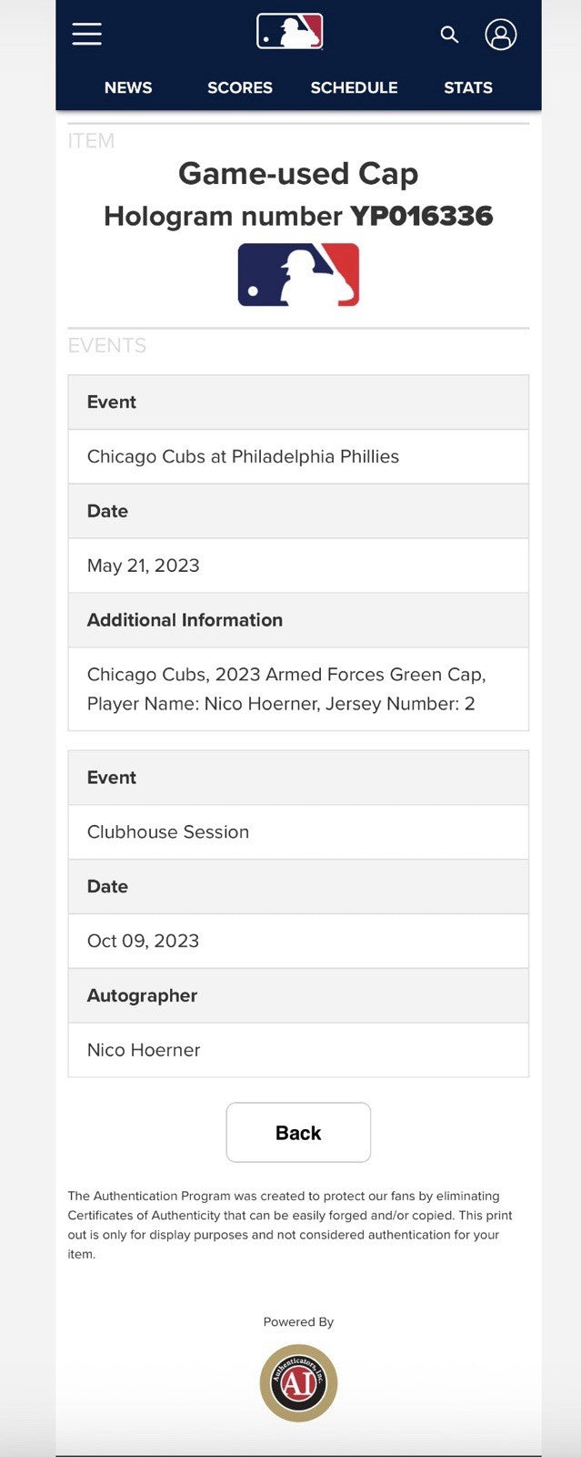 Nico Hoerner Chicago Cubs Game Used Worn Hat 2023 Armed Forces Day Auto MLB Auth