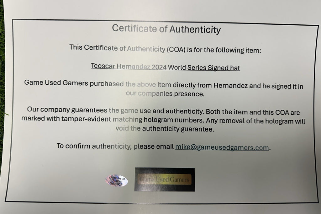 Teoscar Hernandez Los Angeles Dodgers Signed World Series Hat 2024 GUG LOA