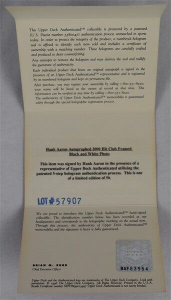 Hank Aaron Autographed Limited Edition Framed Display UDA LOA # 19/50 Signed