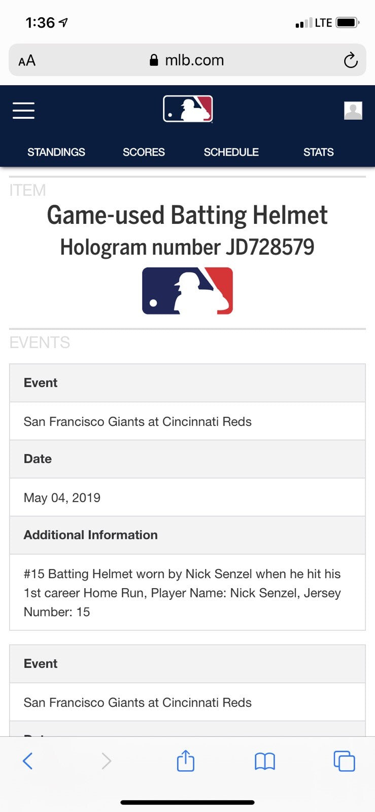 Nick Senzel Cincinnati Reds Game Used Helmet 1st Career HR!  MLB Auth, Signed