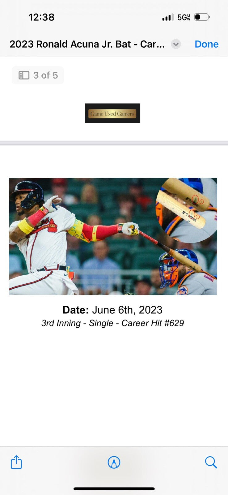 Ronald Acuna Jr. Atlanta Braves Game Used Bat 2023 NL MVP MLB Auth Signed 2 Hits