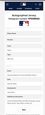 Joey Votto Cincinnati Reds Game Issued Jersey 1919 Throwback MLB Auth Signed