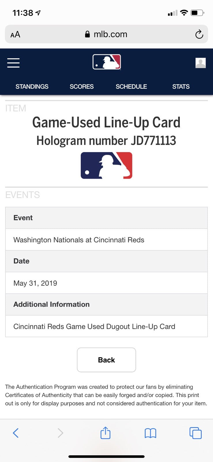 Cincinnati Reds Washington Nationals Lineup Card May 31, 2019 Juan Soto HR