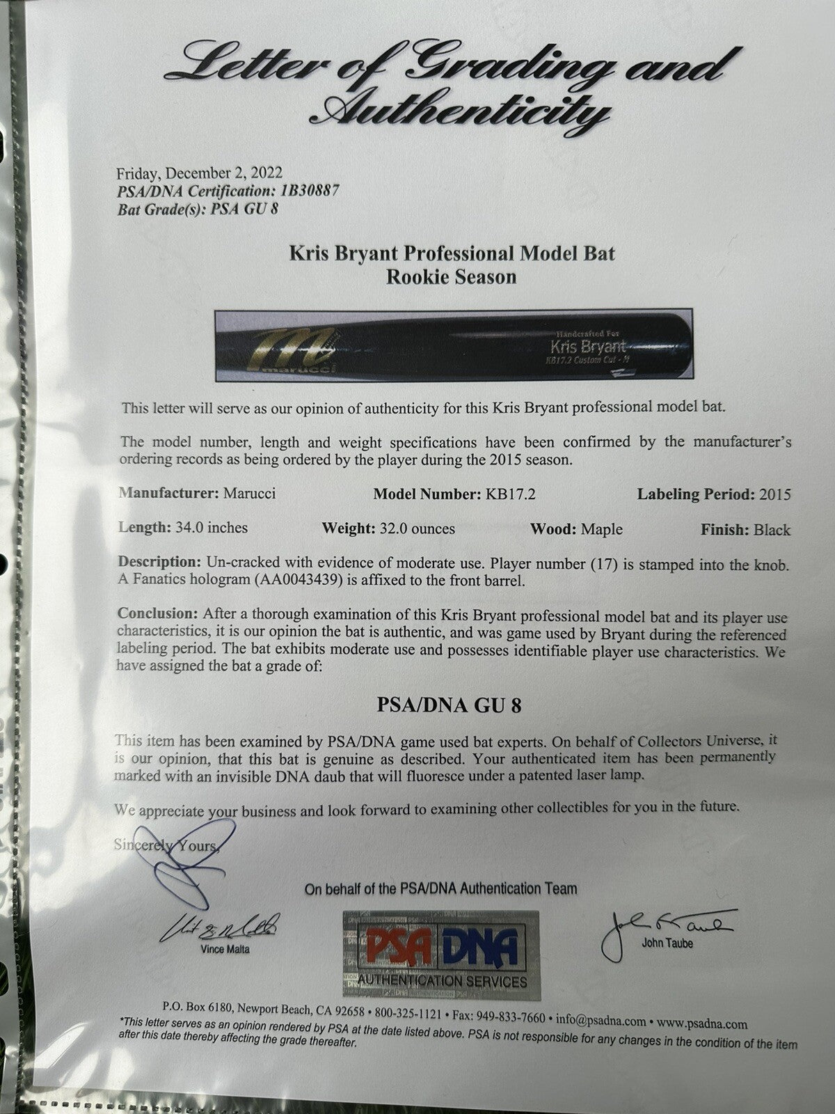 Kris Bryant Chicago Cubs Game Used Bat 2015  “2015 NL ROY Season” PSA GU 8
